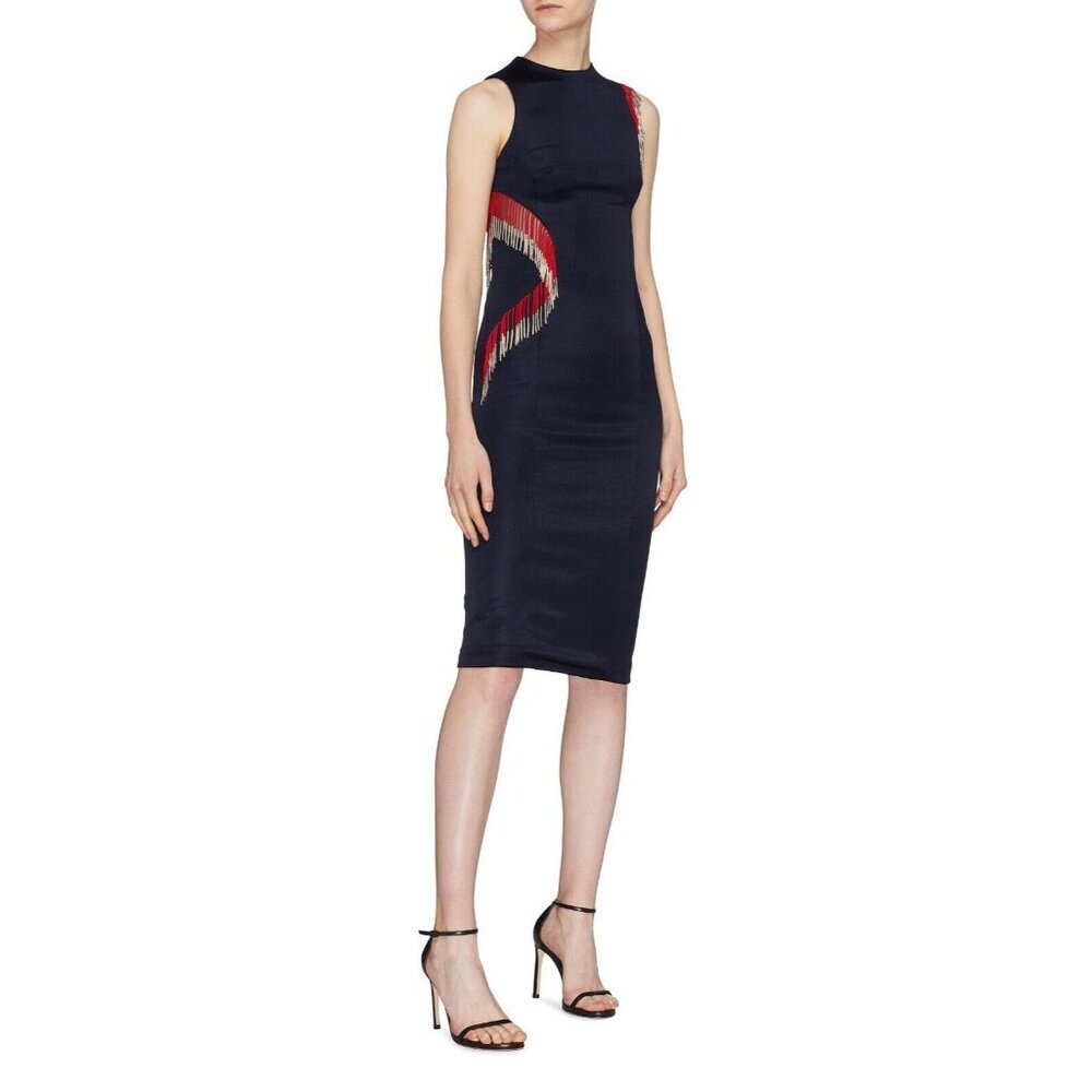 Galvan London Molten Beaded Fringe Body-con Dress Navy Knit SZ 8 New - Picture 2 of 15